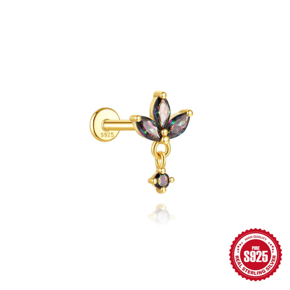 S925 sterling silver flat head earring stud with a super shiny rainbow stone for thread piercings.