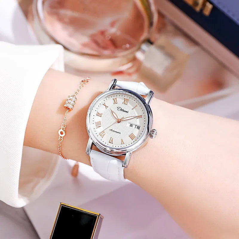 6023B automatic women's mechanical watch in steel and leather strap options on wrist