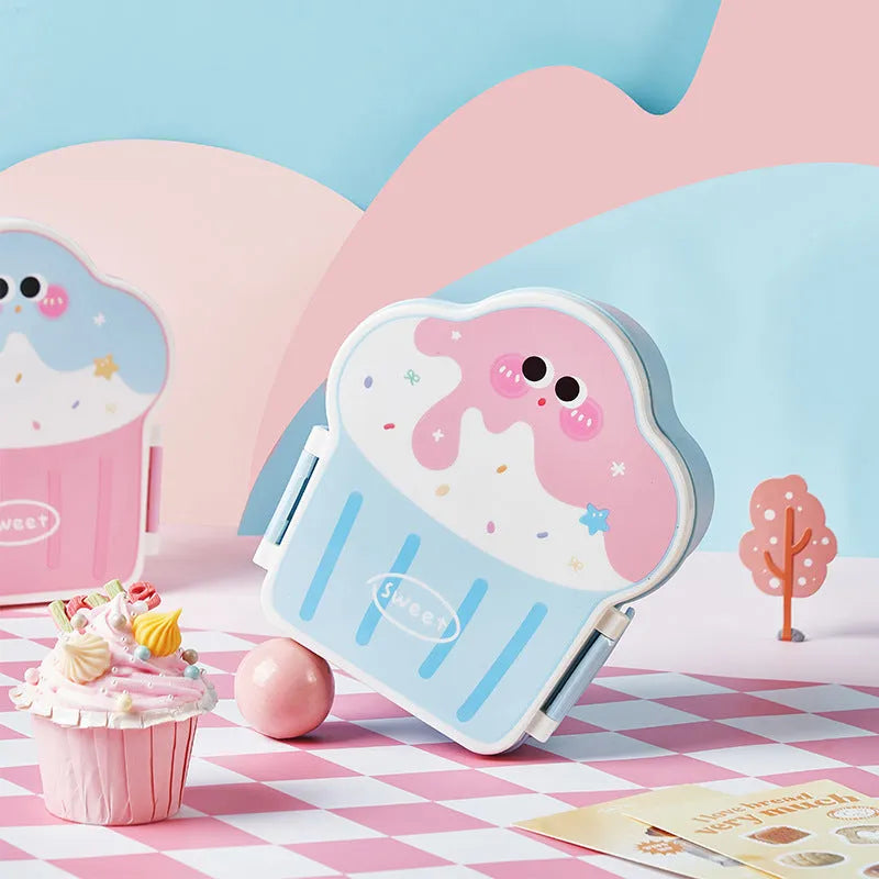 Ice cream shaped plastic lunch box with spoon and fork set in pink or blue colours