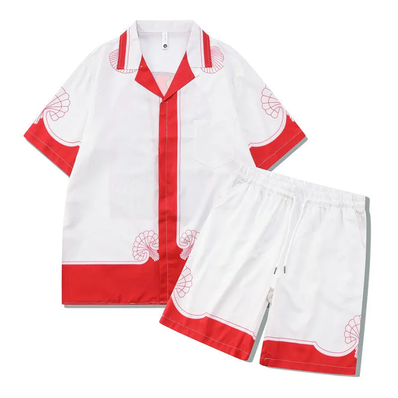 Men's plaid print polyester beach shirt and matching trousers casual outfit set.