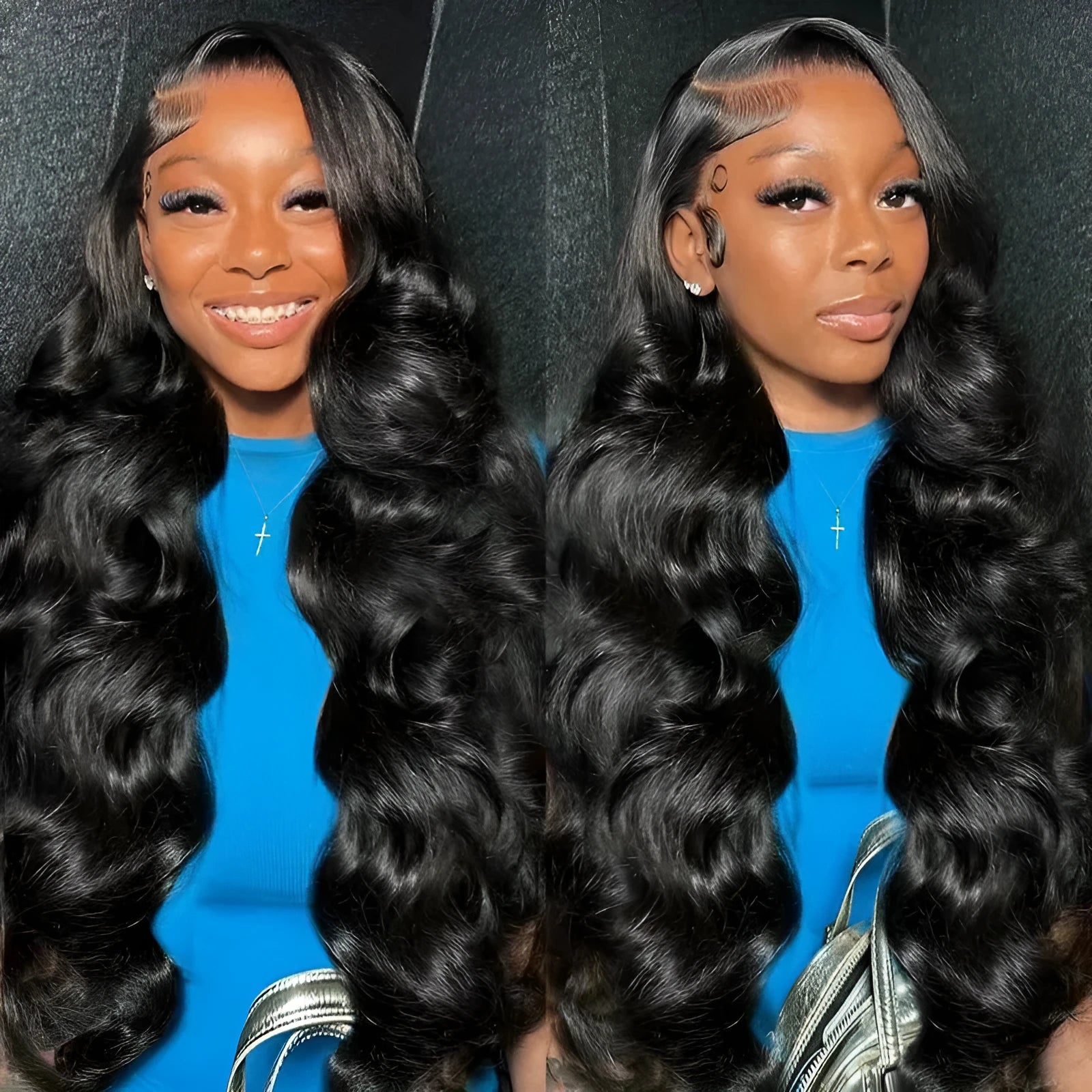 Black synthetic lace front wig with large wavy curls on a wig stand.