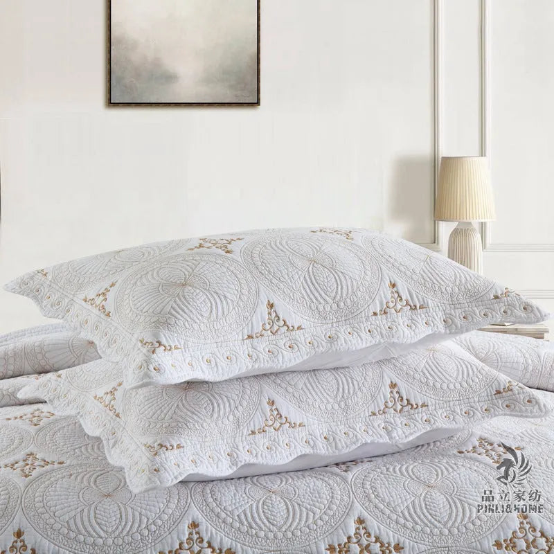 European-style double thick pure cotton bed cover set with embroidery, includes one cover and two pillowcases.