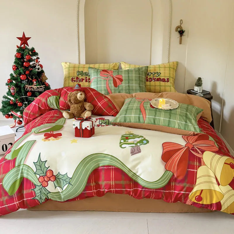 Christmas cartoon printed bedding four-piece set with gingerbread man designs on super soft washed cotton