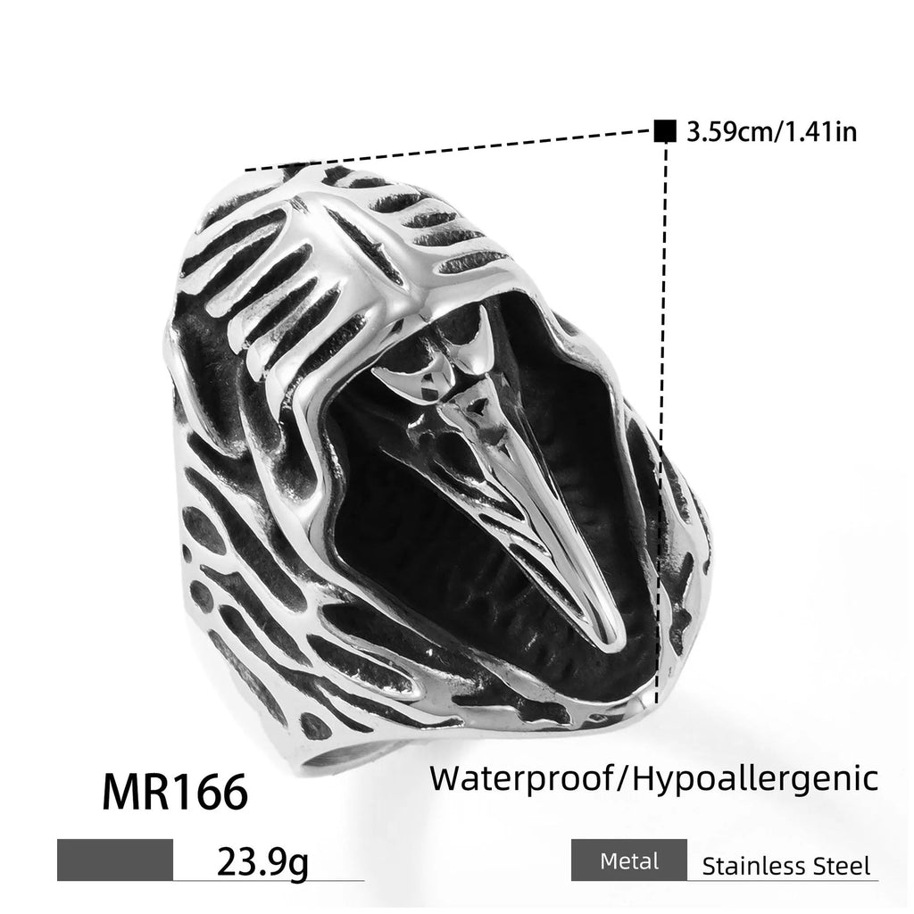 Black geometric crow design stainless steel punk ring on a hand, showing retro animal motif.