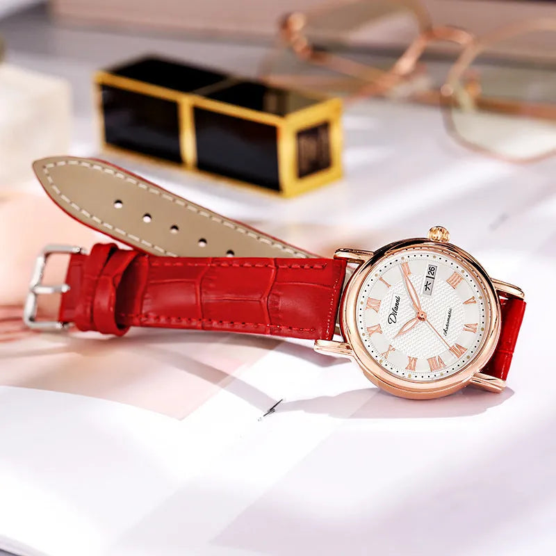 6023B automatic women's mechanical watch in steel and leather strap options on wrist