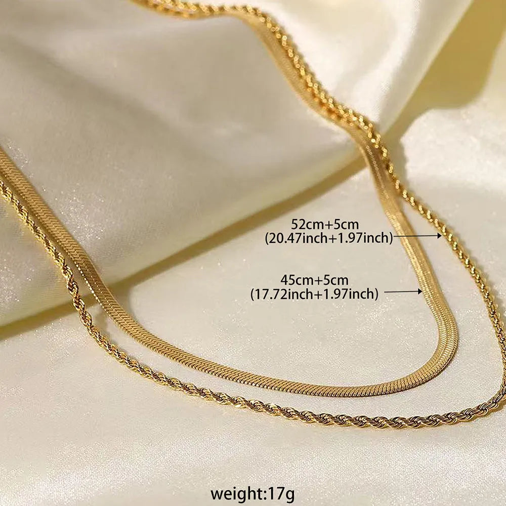 Women's retro double-layer twist necklace with geometric pendant on snake bone chain