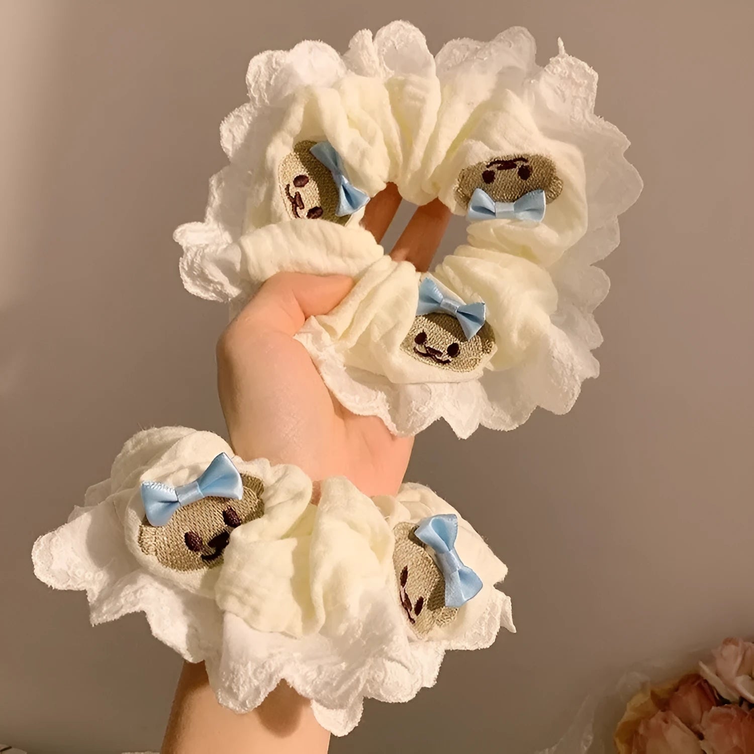 Blue bow bear design elastic cloth hair ring for ponytails