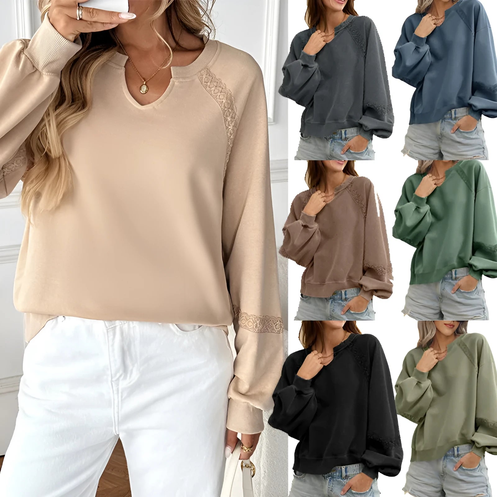 Women's loose fit long sleeve sweater with half-open lace collar in solid colour options.