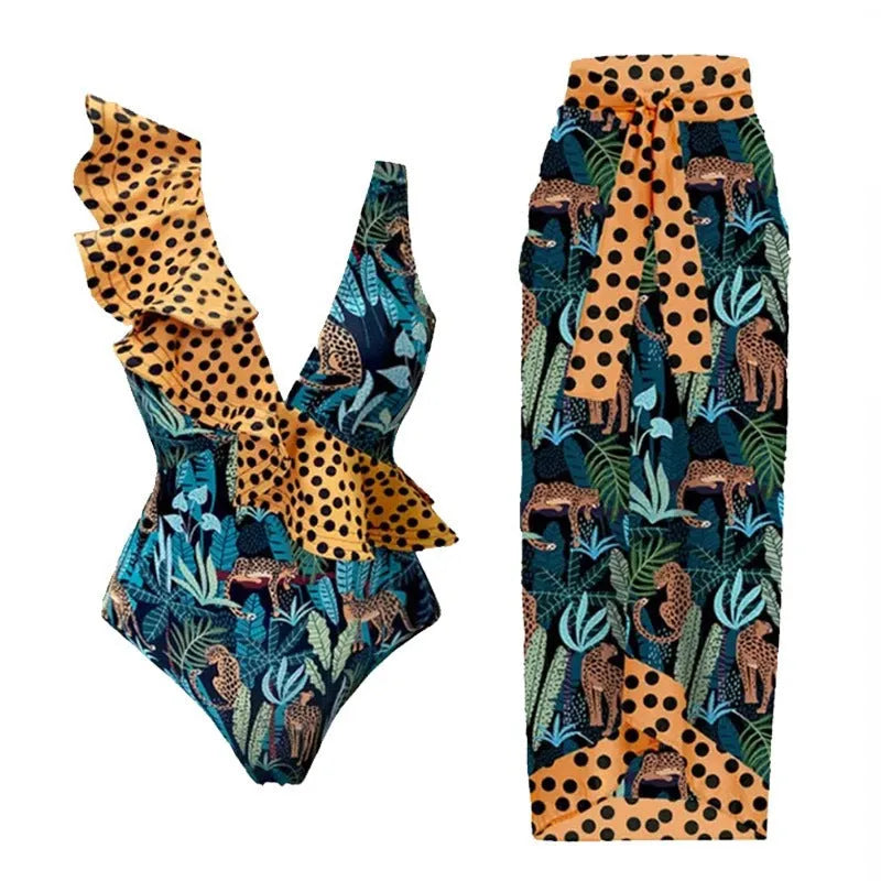 Solid colour women's one-piece swimsuit with spaghetti straps and an attached skirt.