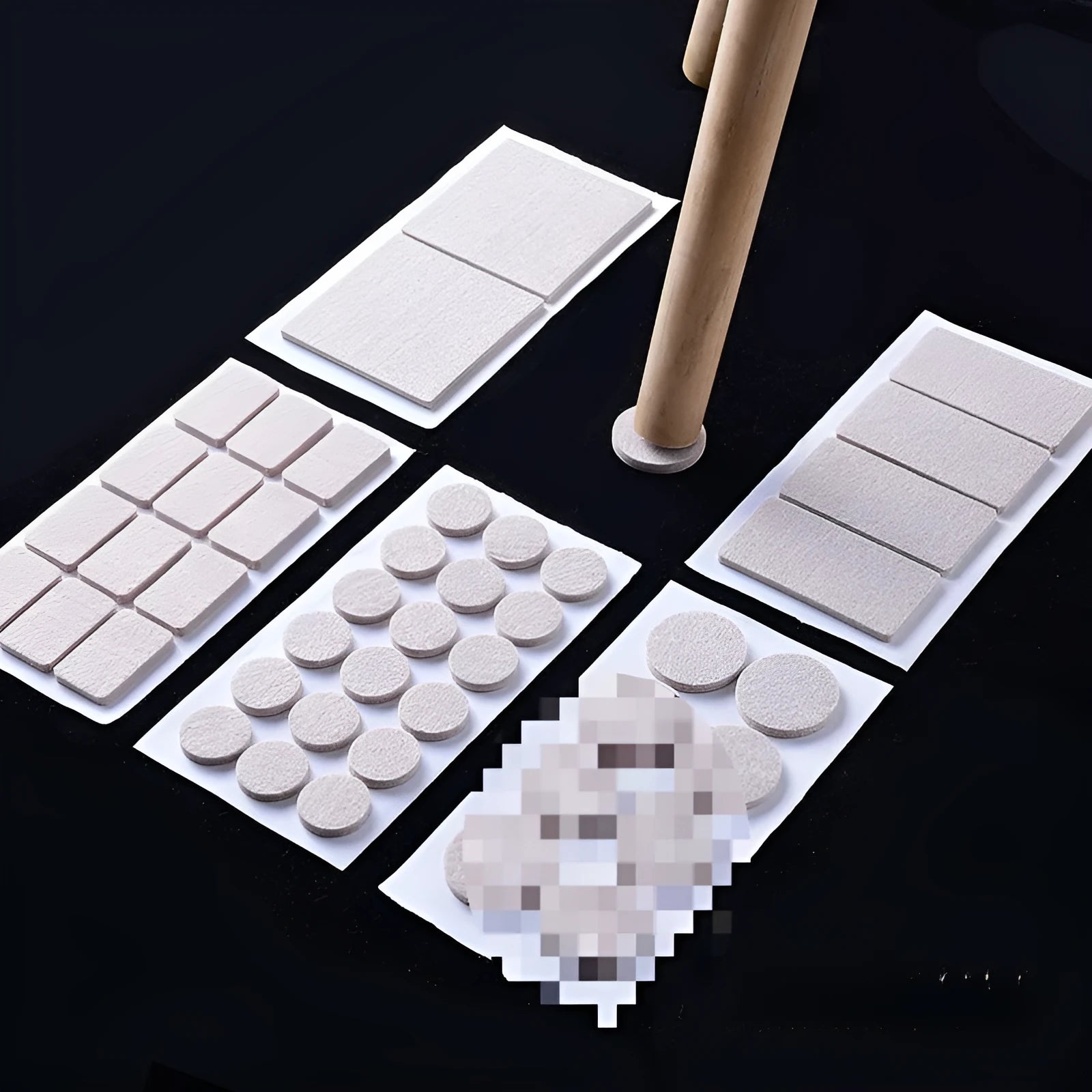 Beige plastic furniture leg protectors in round and square shapes with multiple size options