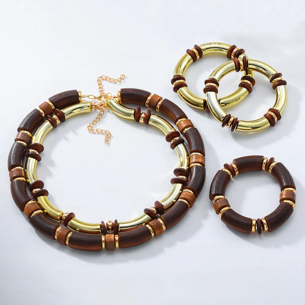 Women's multi-layer wooden necklace and bracelet set with alloy round pendant on regular chain