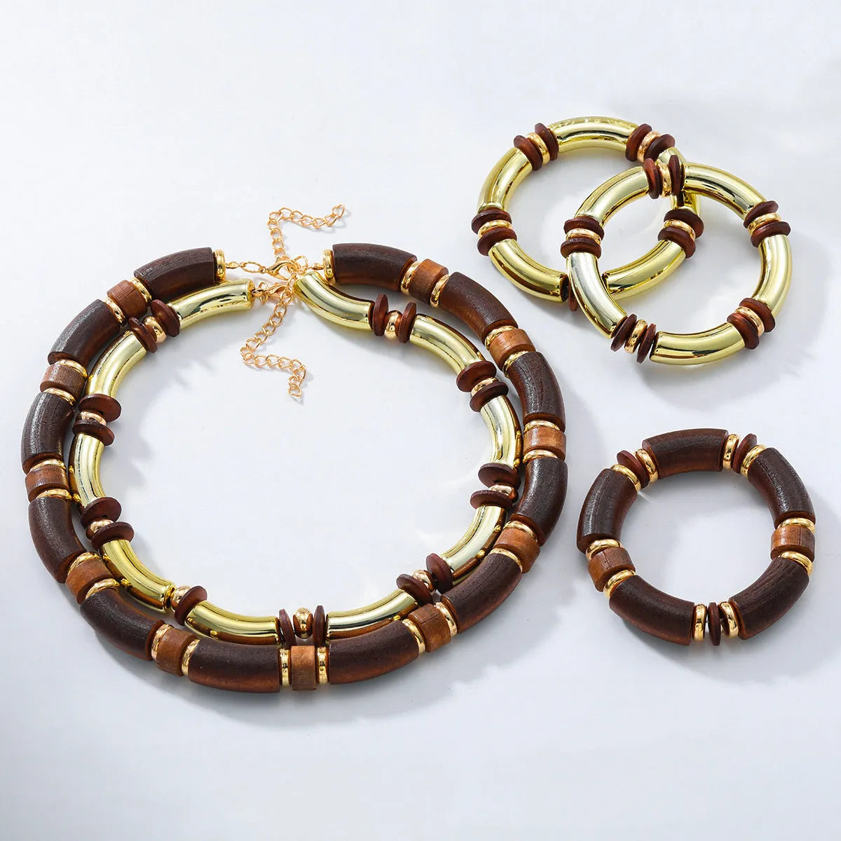 Women's multi-layer wooden necklace and bracelet set with alloy round pendant on regular chain