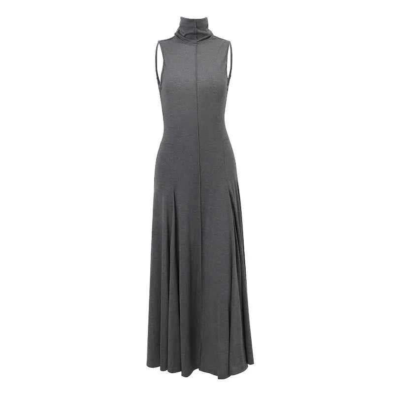 Grey slim-fit sleeveless women's dress with a half turtleneck and backless design.
