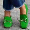 Green suede women's loafers with metal fastener and round toe flat bottom design