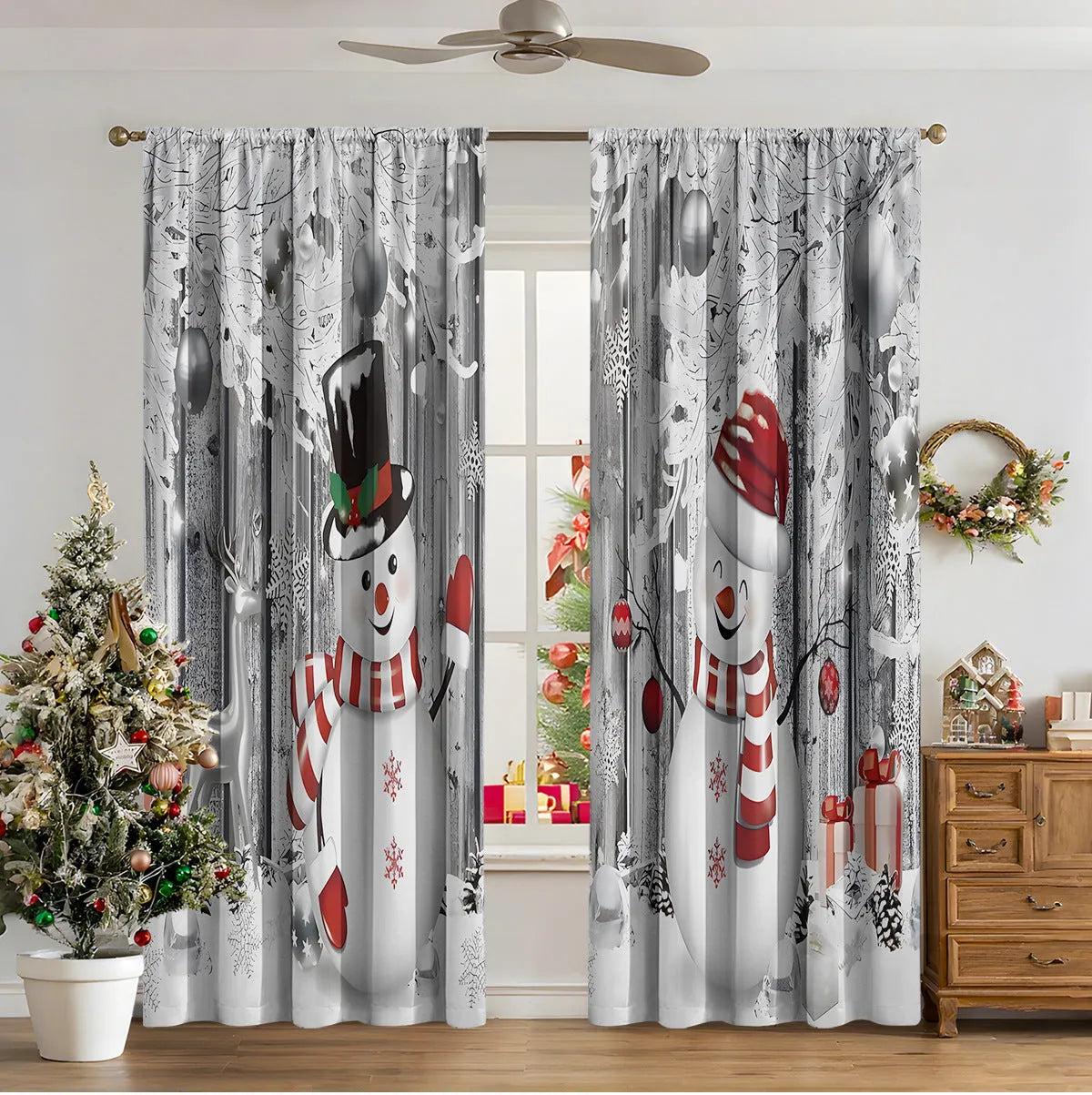 3D digital printed Christmas curtain in a modern European style, showing festive pattern and fabric texture.