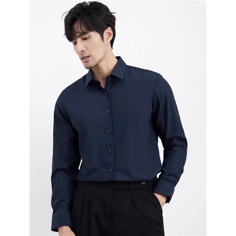 Wine red men's slim fit long sleeve cardigan shirt on a hanger.
