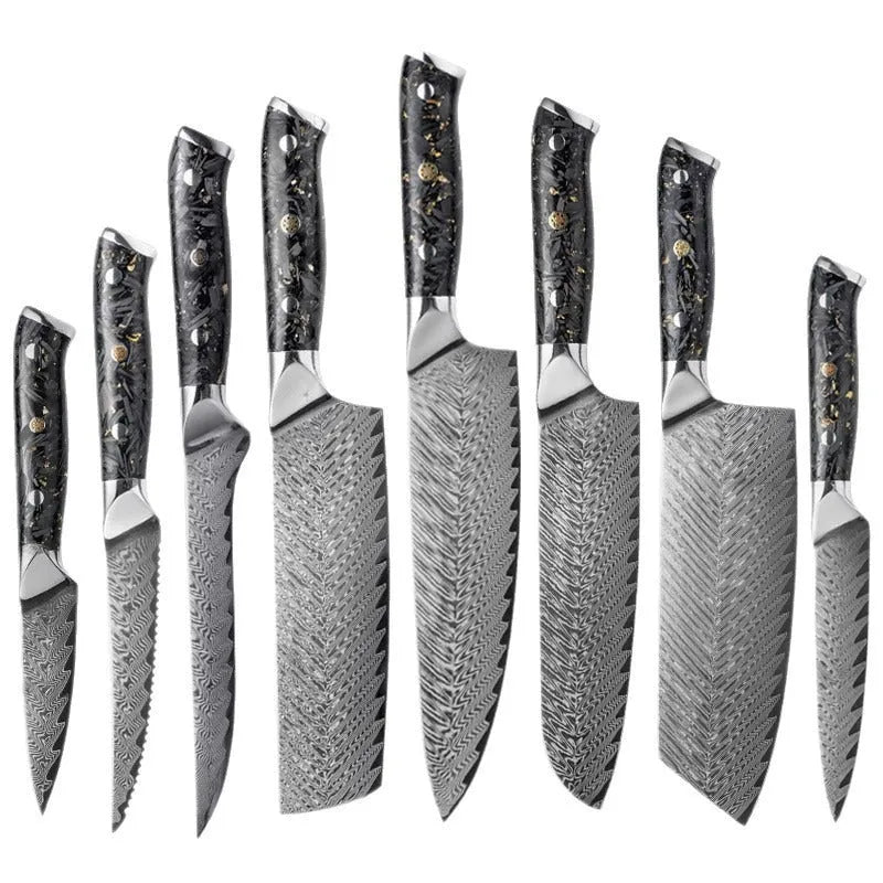 Damascus steel eight-piece kitchen knife set showing fishbone pattern blades and modern handles.