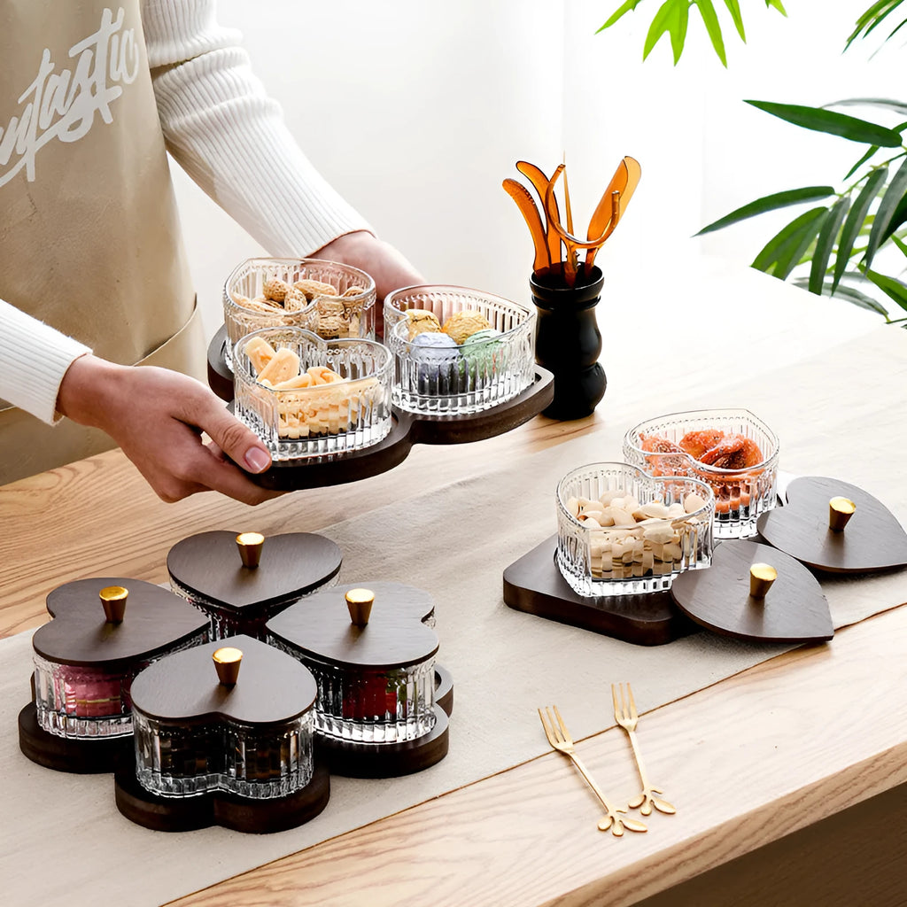 Glass retro style snack plate with heart-shaped transparent lid showing grid compartments inside