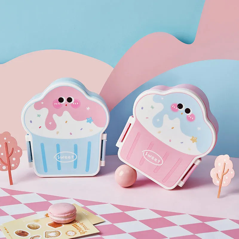 Ice cream shaped plastic lunch box with spoon and fork set in pink or blue colours