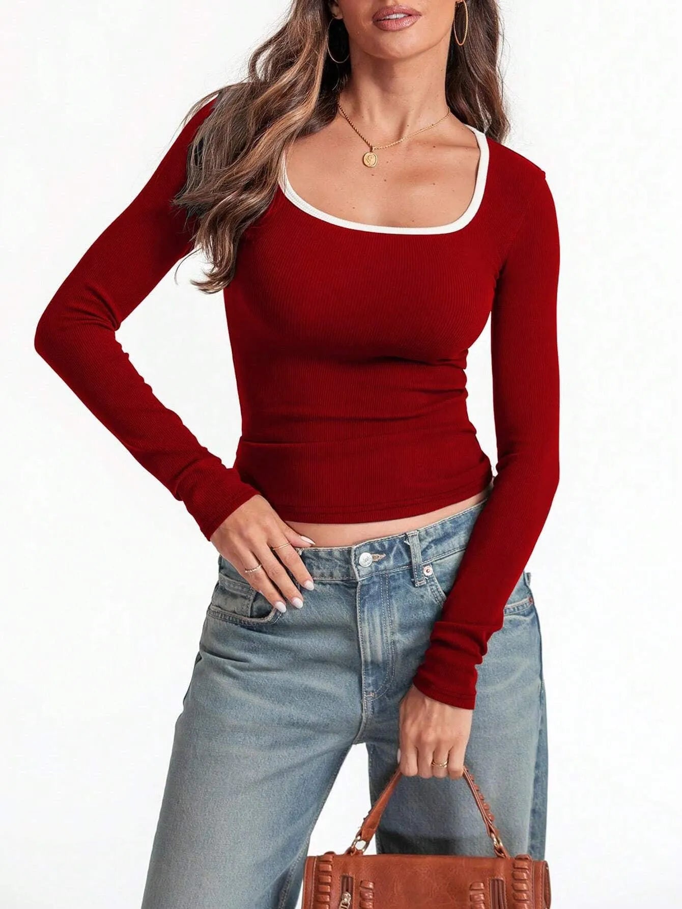 Women's square collar slim-fit cotton pullover top in a solid colour with long sleeves.