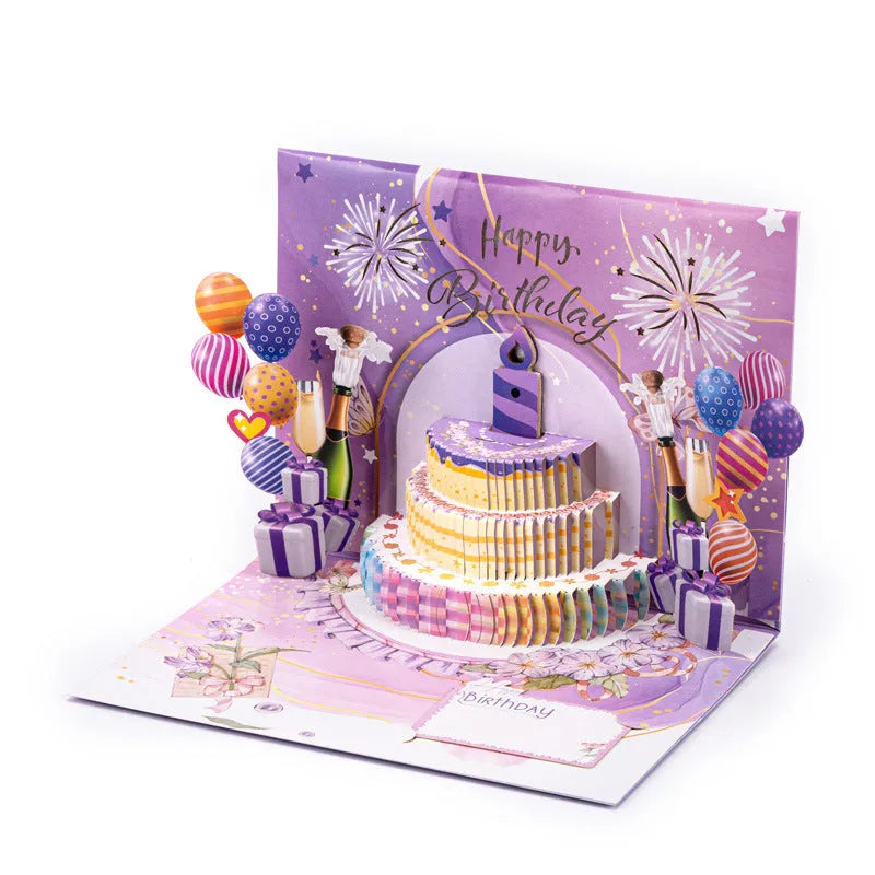 A 3D folded greeting card in Chinese ink style, measuring 15x20 cm, with a light music blowing cake theme.