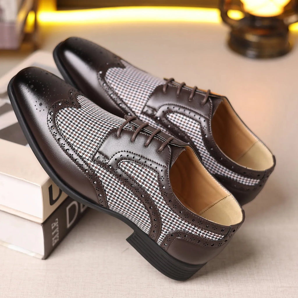 Men's houndstooth pattern casual shoes in black with a square toe and lace-up front.