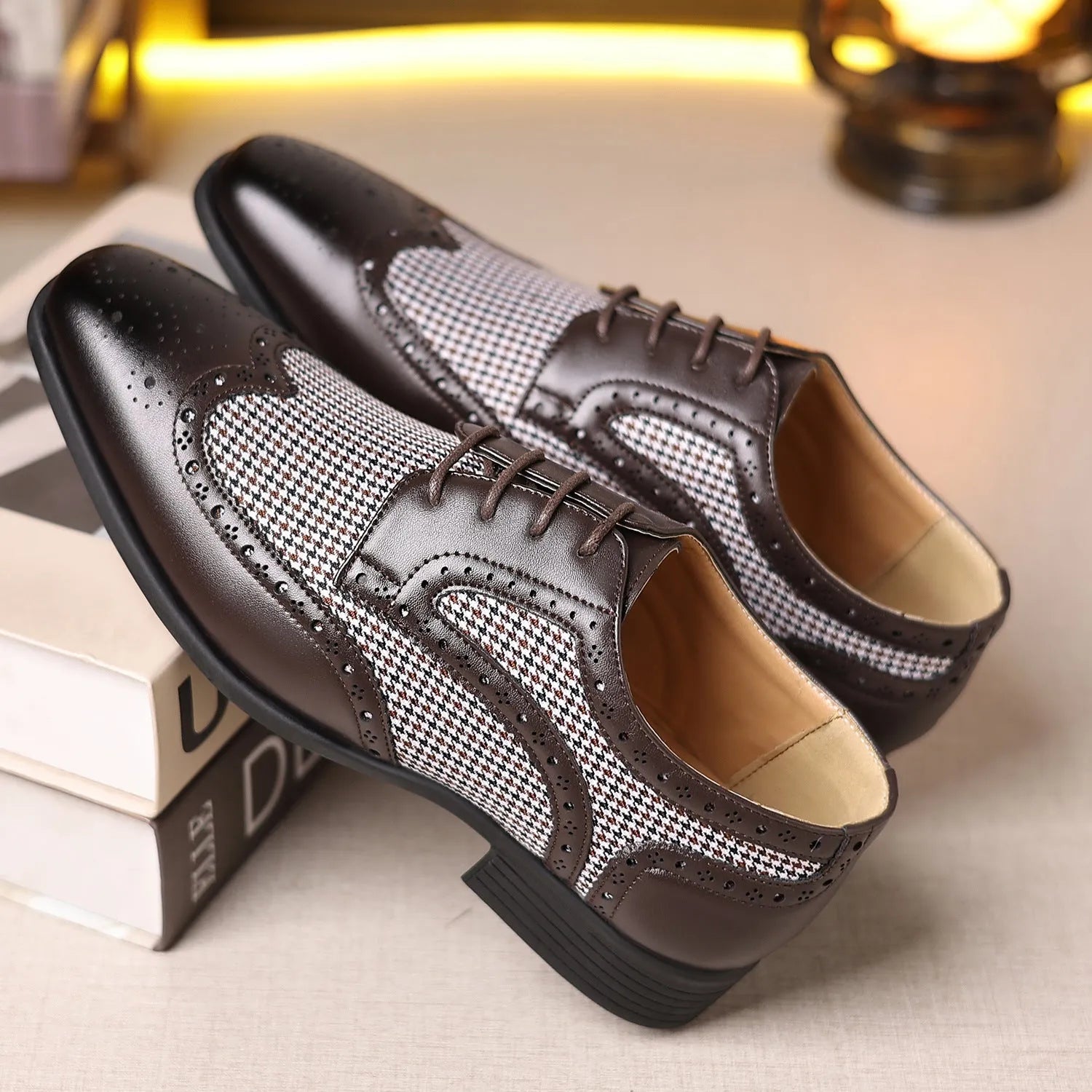 Men's houndstooth pattern casual shoes in black with a square toe and lace-up front.