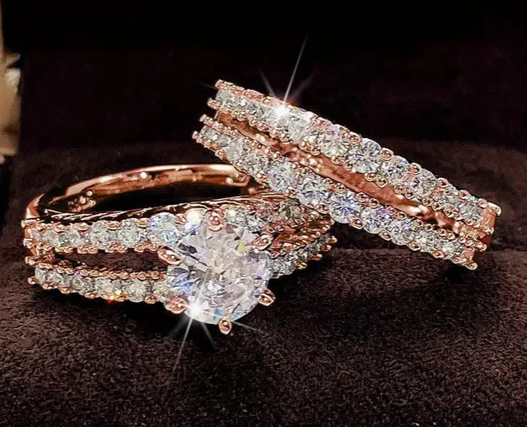 2 in 1 geometric ring set for women in silver, gold, and rose gold colours showing fully-jewelled design