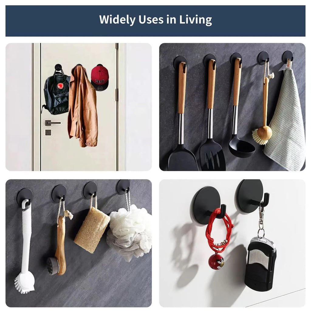 Stainless steel self-adhesive hook with a round design for bathrooms and kitchens, shown in black and polished finishes.