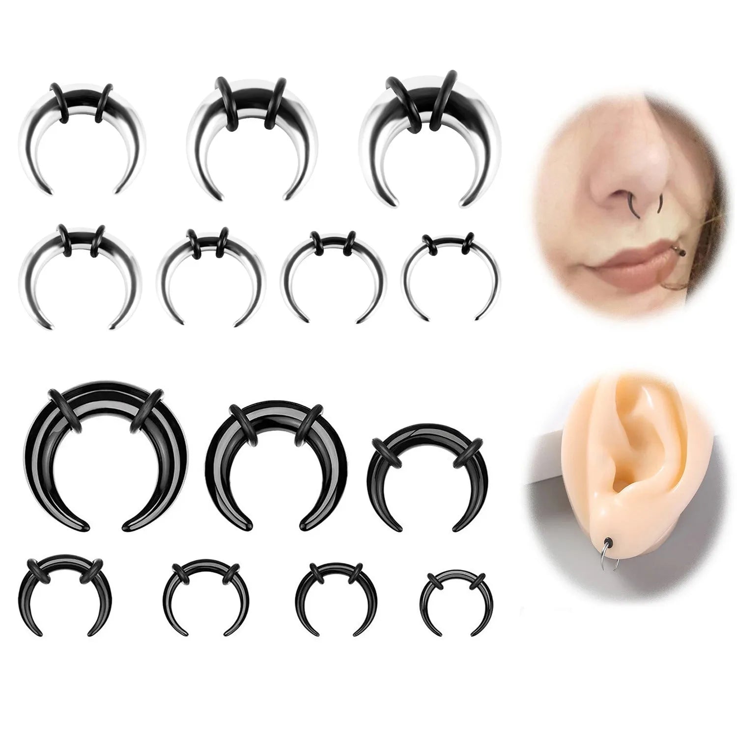 316L steel C-shaped nose ring in black and steel colour on a plain background, showing geometric shape.