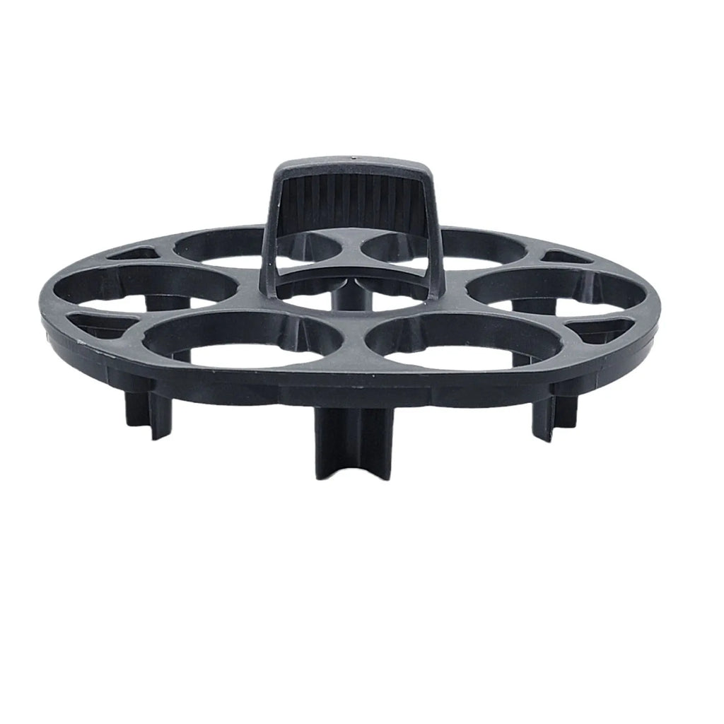 Black plastic egg holder basket with modern design showing 13.8cm length dimensions