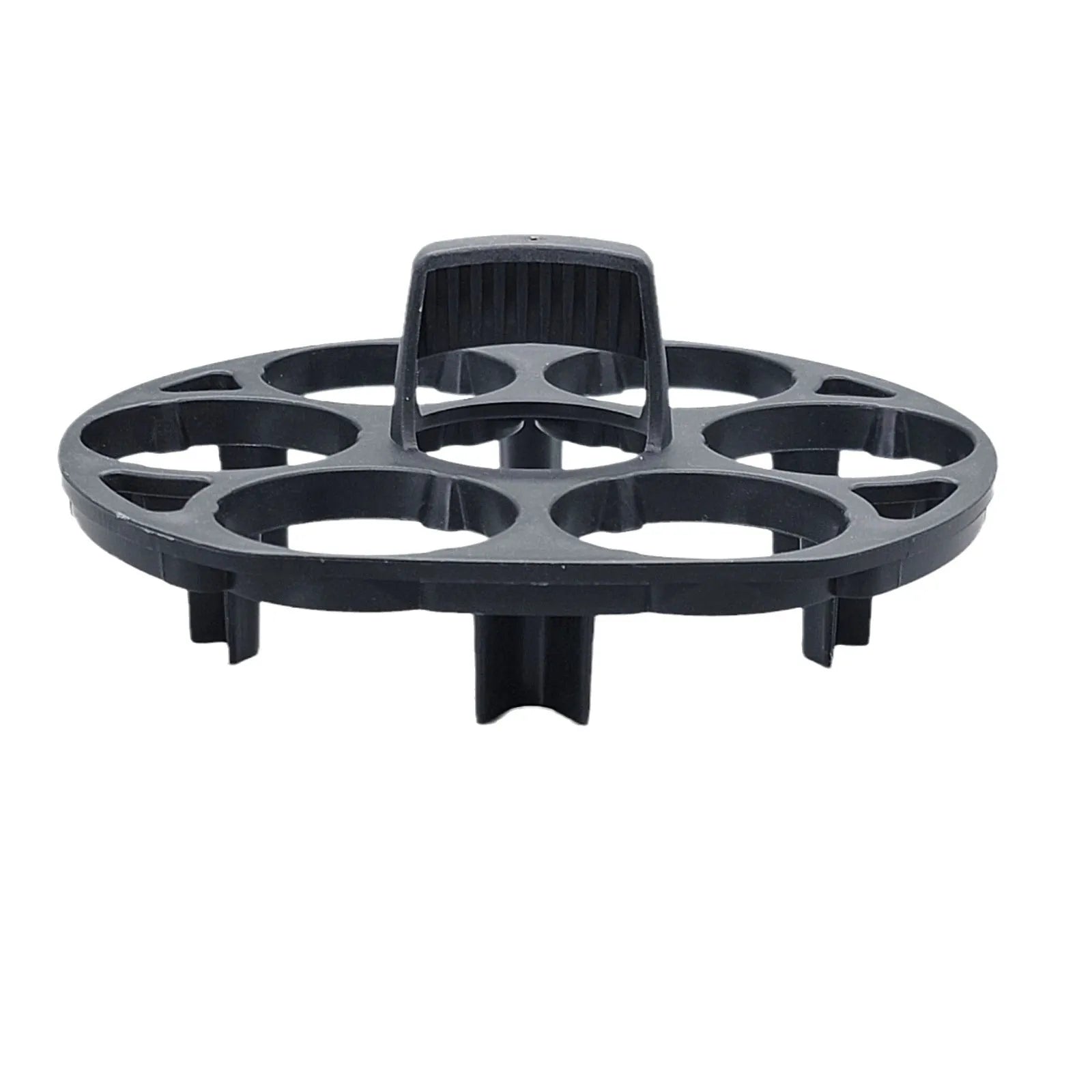 Black plastic egg holder basket with modern design showing 13.8cm length dimensions