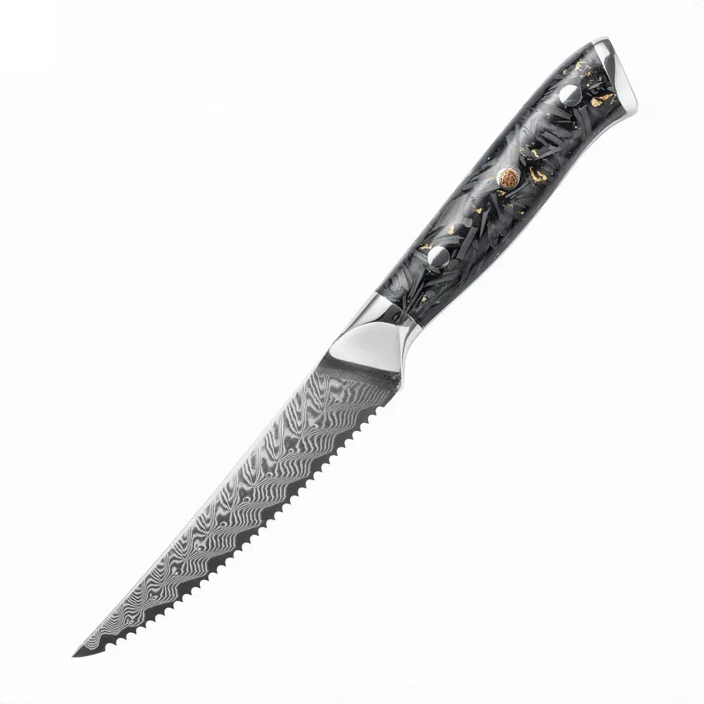 Damascus steel eight-piece kitchen knife set showing fishbone pattern blades and modern handles.