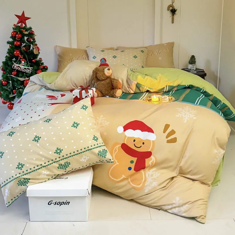 Christmas cartoon printed bedding four-piece set with gingerbread man designs on super soft washed cotton