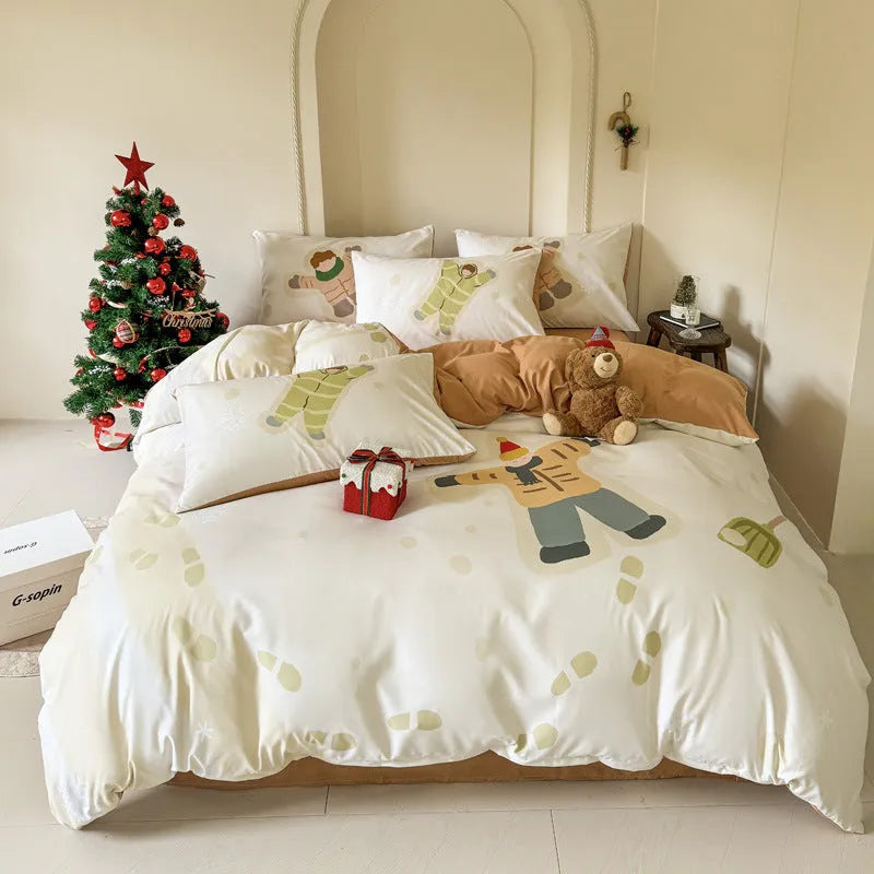 Christmas cartoon printed bedding four-piece set with gingerbread man designs on super soft washed cotton