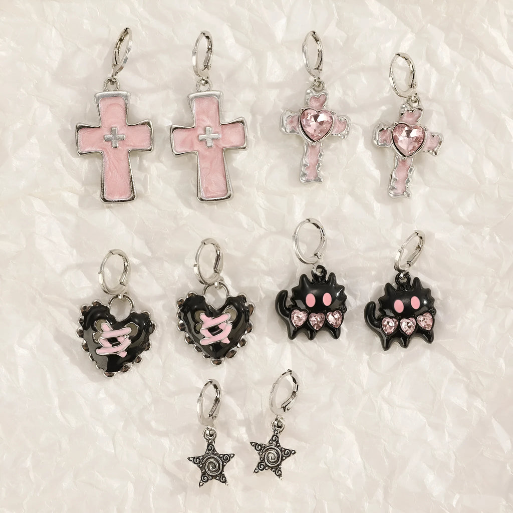 Women's alloy cross crystal earrings in five colours with dripping oil finish and multiple design elements