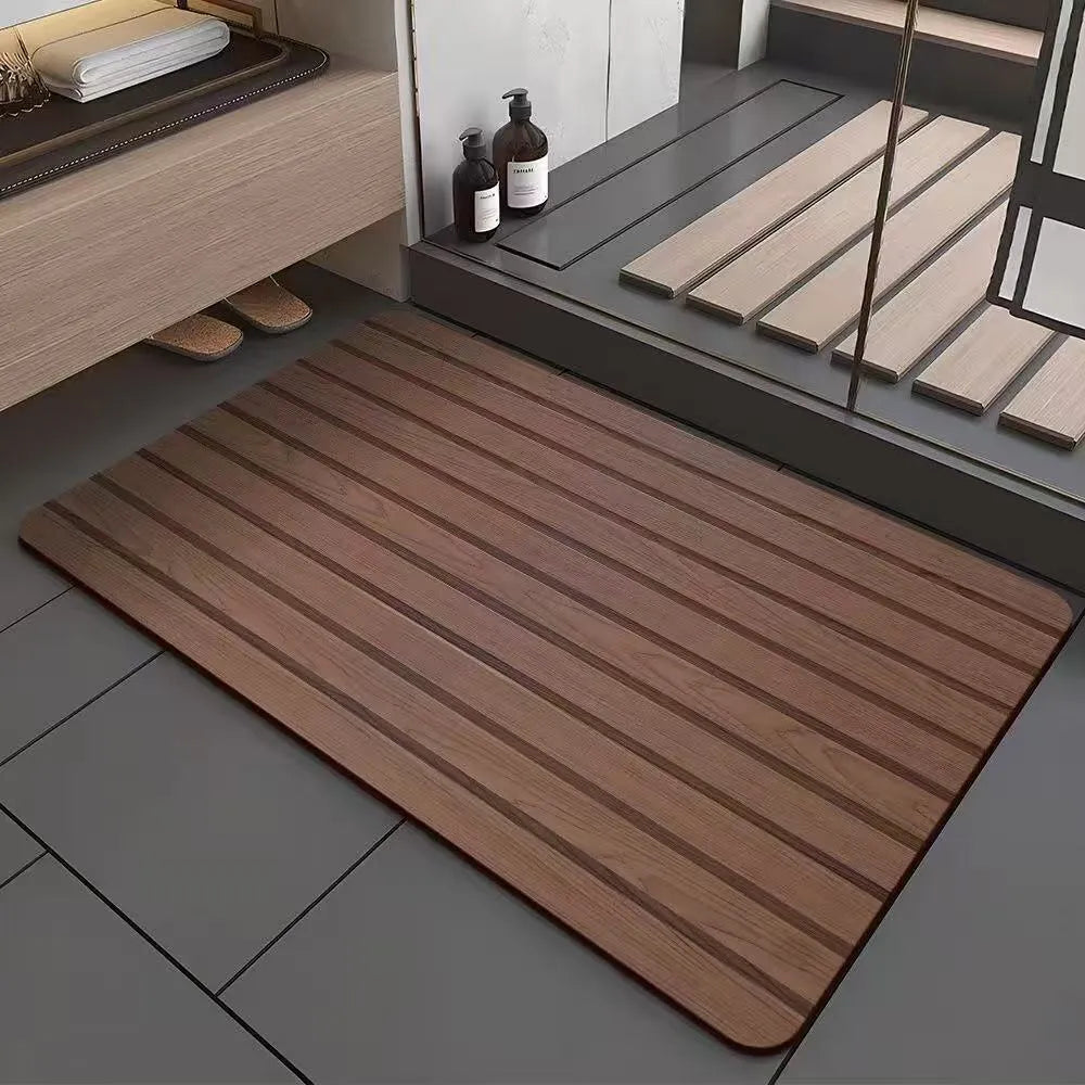 American-style square diatom ooze floor mat with a wood grain geometric pattern, shown in a bathroom setting.
