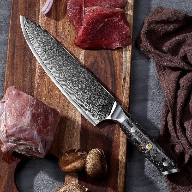Damascus steel eight-piece kitchen knife set showing fishbone pattern blades and modern handles.