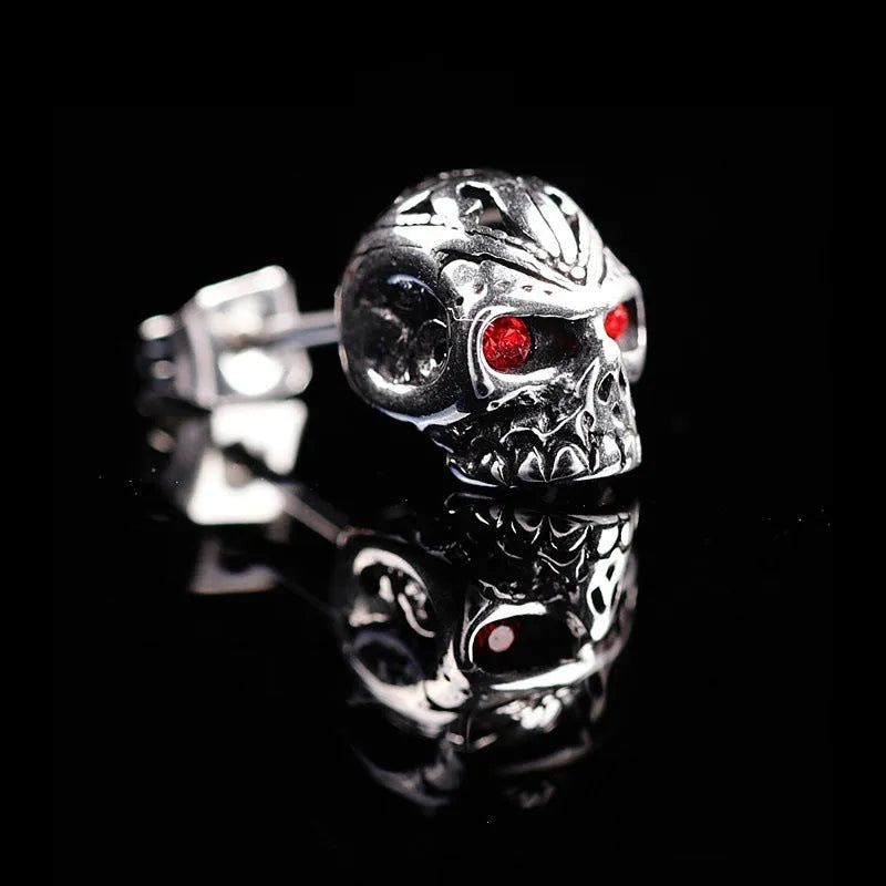 Red eye ghost skull stud earrings with electroplated alloy and artificial gemstone inlay
