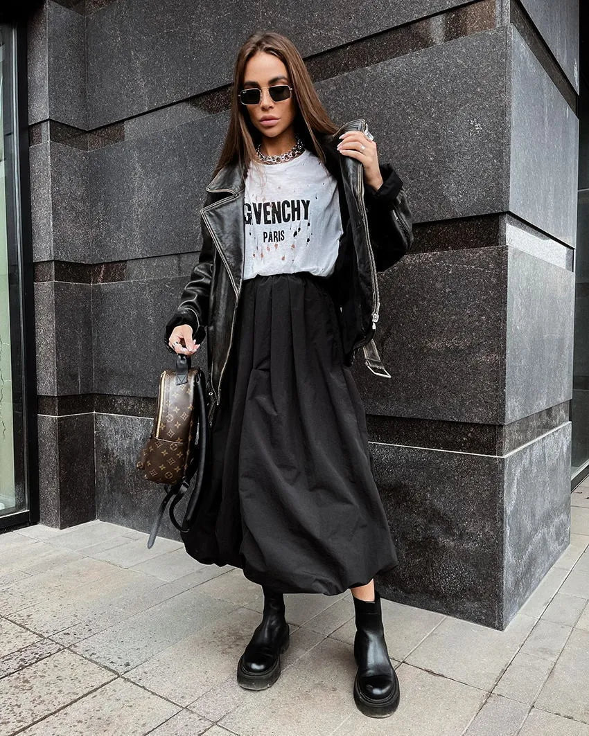 Women's solid colour cotton long skirt in black or white options