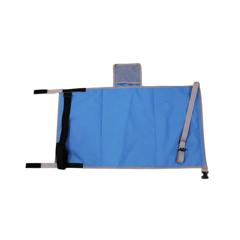 Portable children's aircraft pedal seat extender in blue, black, and grey colours with drawstring storage pocket
