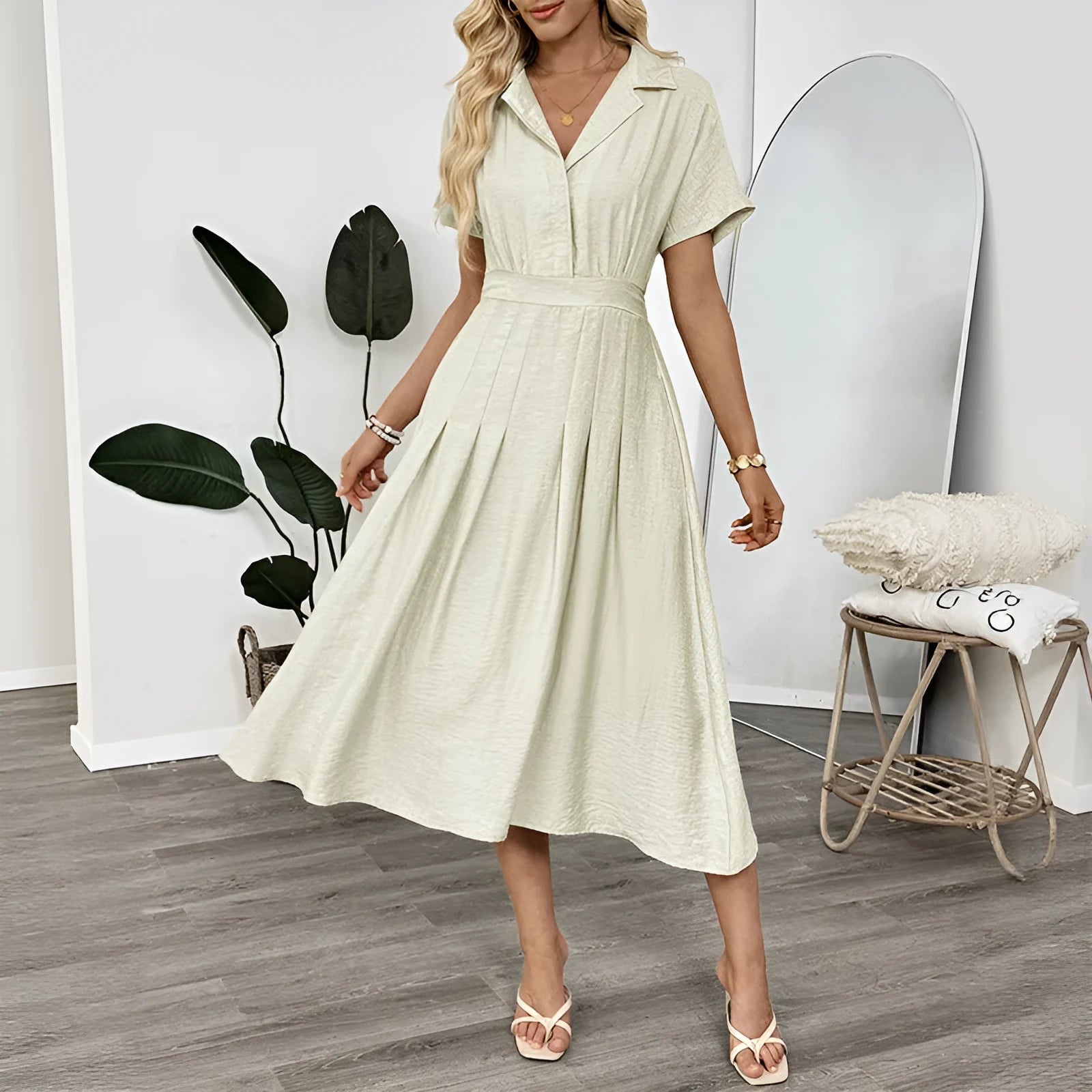 Light green women's shirt dress with lapel collar, waist tie, and skirt pocket on a hanger.