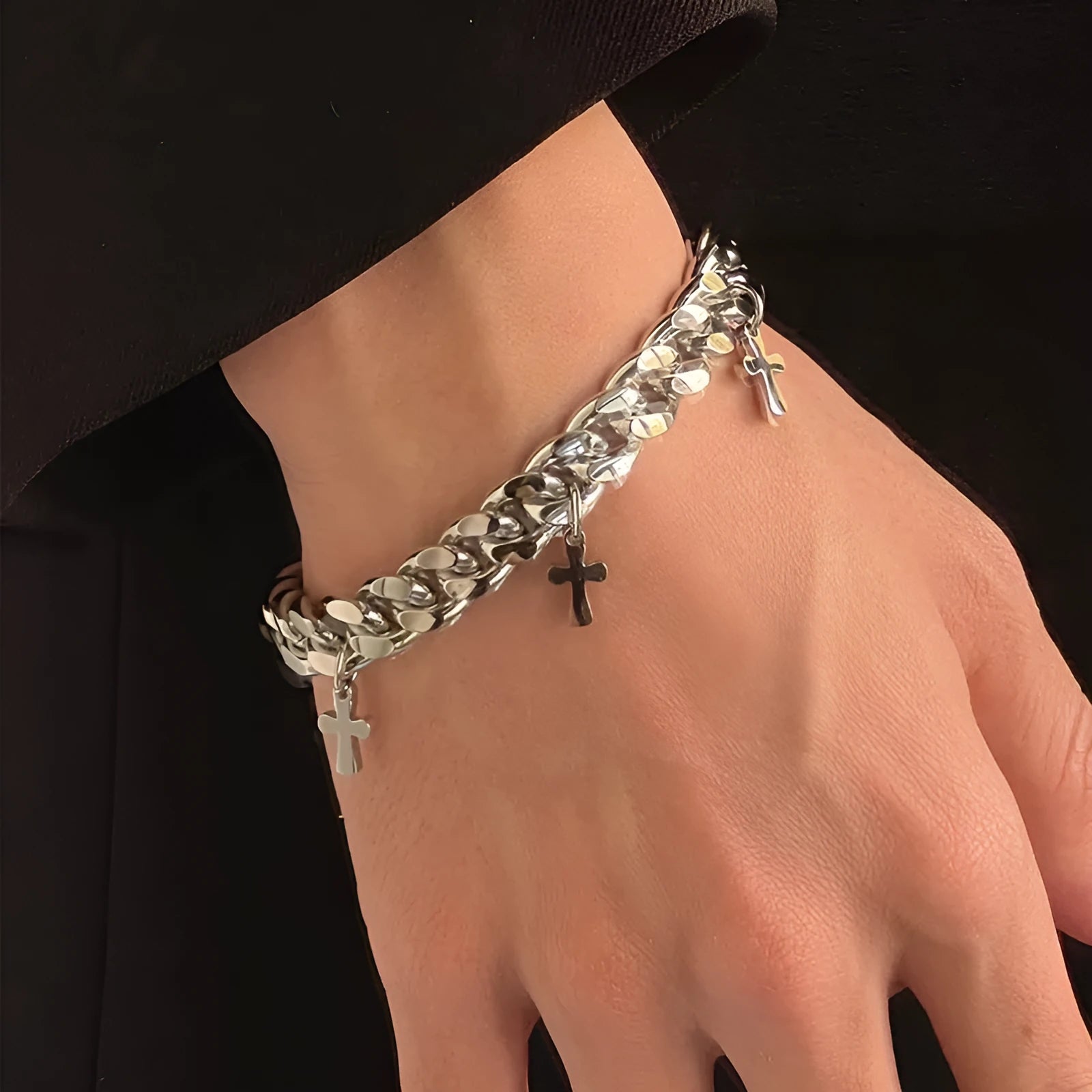 Men's titanium steel cross bracelet with geometric design and cold wind styling
