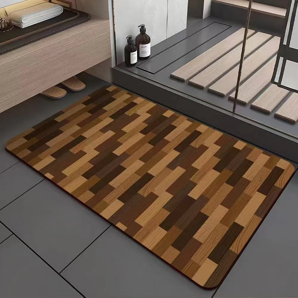 American-style square diatom ooze floor mat with a wood grain geometric pattern, shown in a bathroom setting.