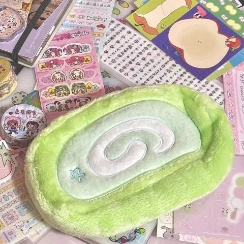 Honeydew roll plush velvet pencil case in Swiss roll cake design with Korean style