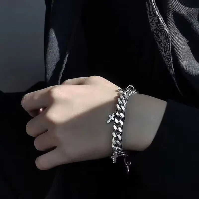 Men's titanium steel cross bracelet with geometric design and cold wind styling