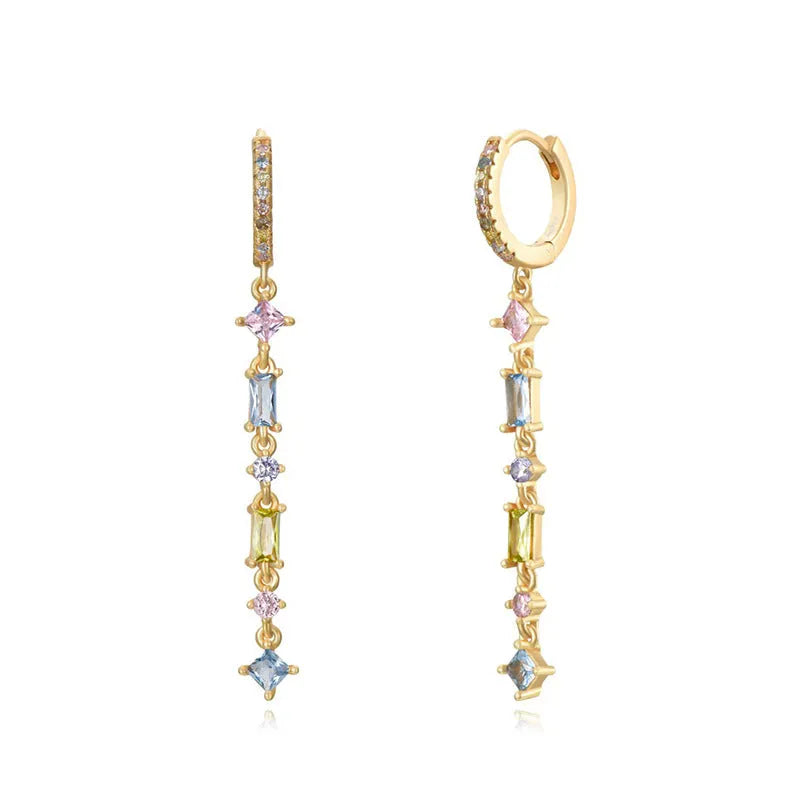 Sterling silver needle fashion ear clip with colourful zircon tassel and geometric U-shape design