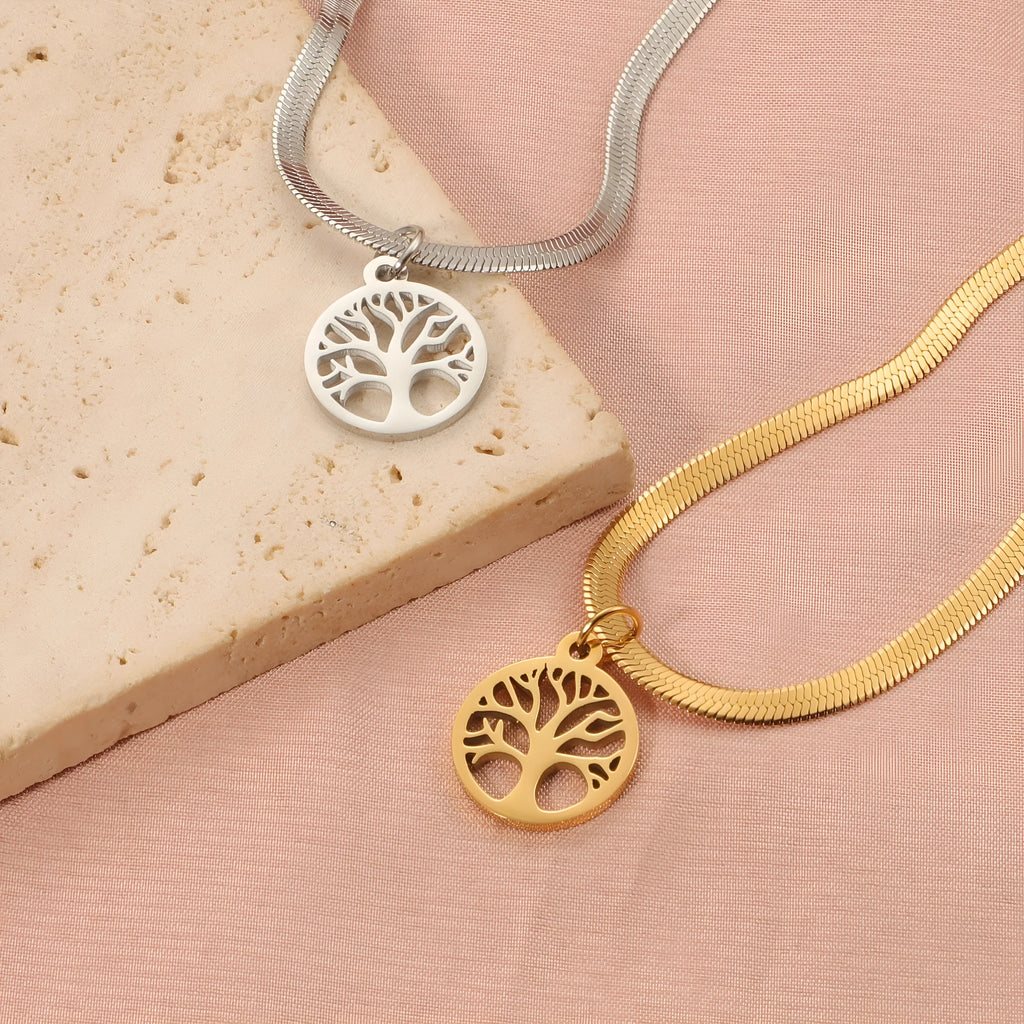Stainless steel lucky tree pendant clavicle necklace with adjustable snake bones chain