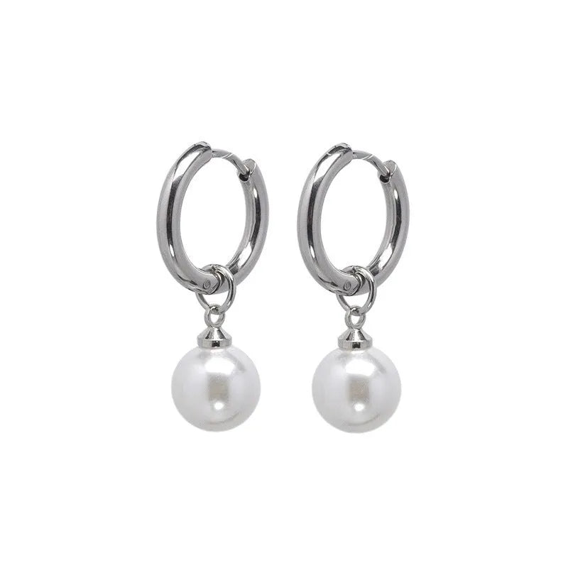 Pair of pearl-coloured geometric round drop earrings made from titanium steel alloy