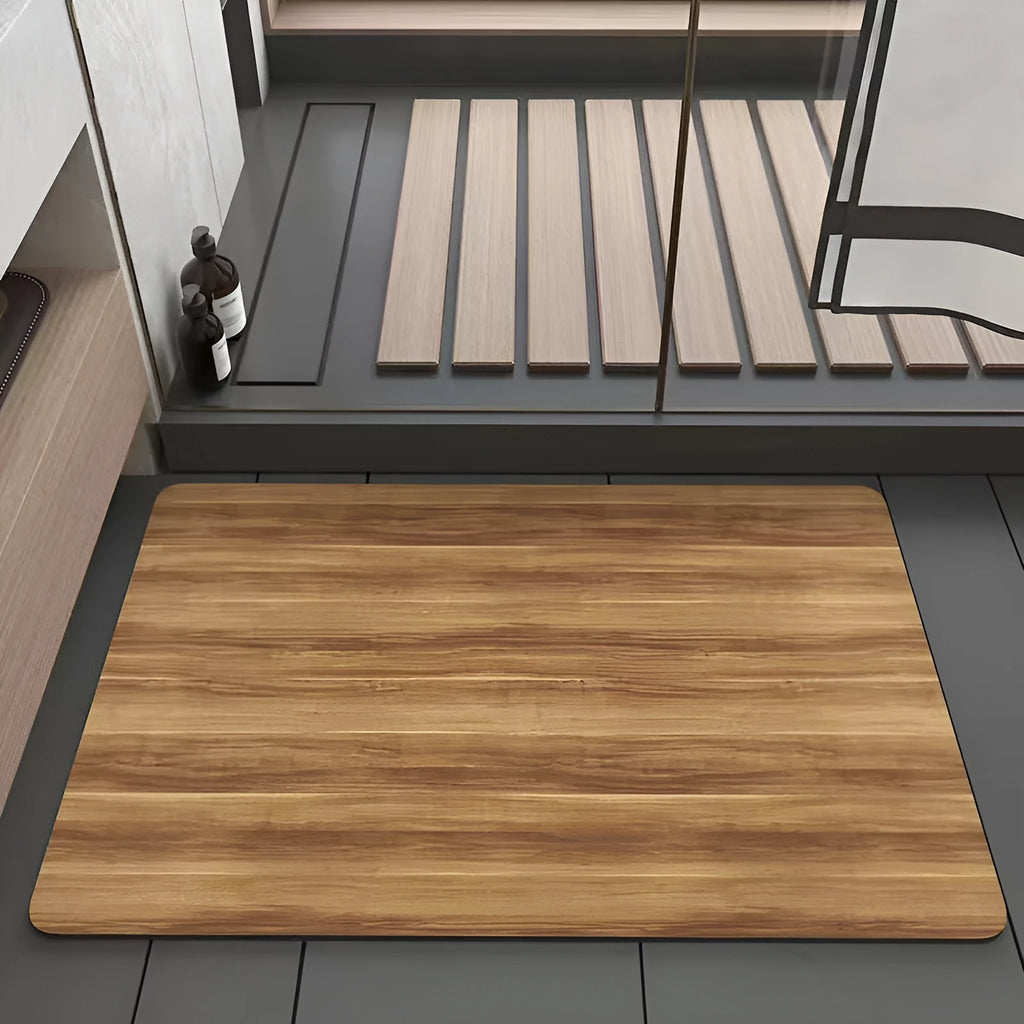 American-style square diatom ooze floor mat with a wood grain geometric pattern, shown in a bathroom setting.